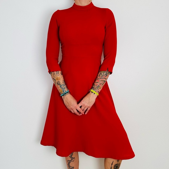 Zara flare midi dress A-line skater red mock neck - Picture 4 of 11